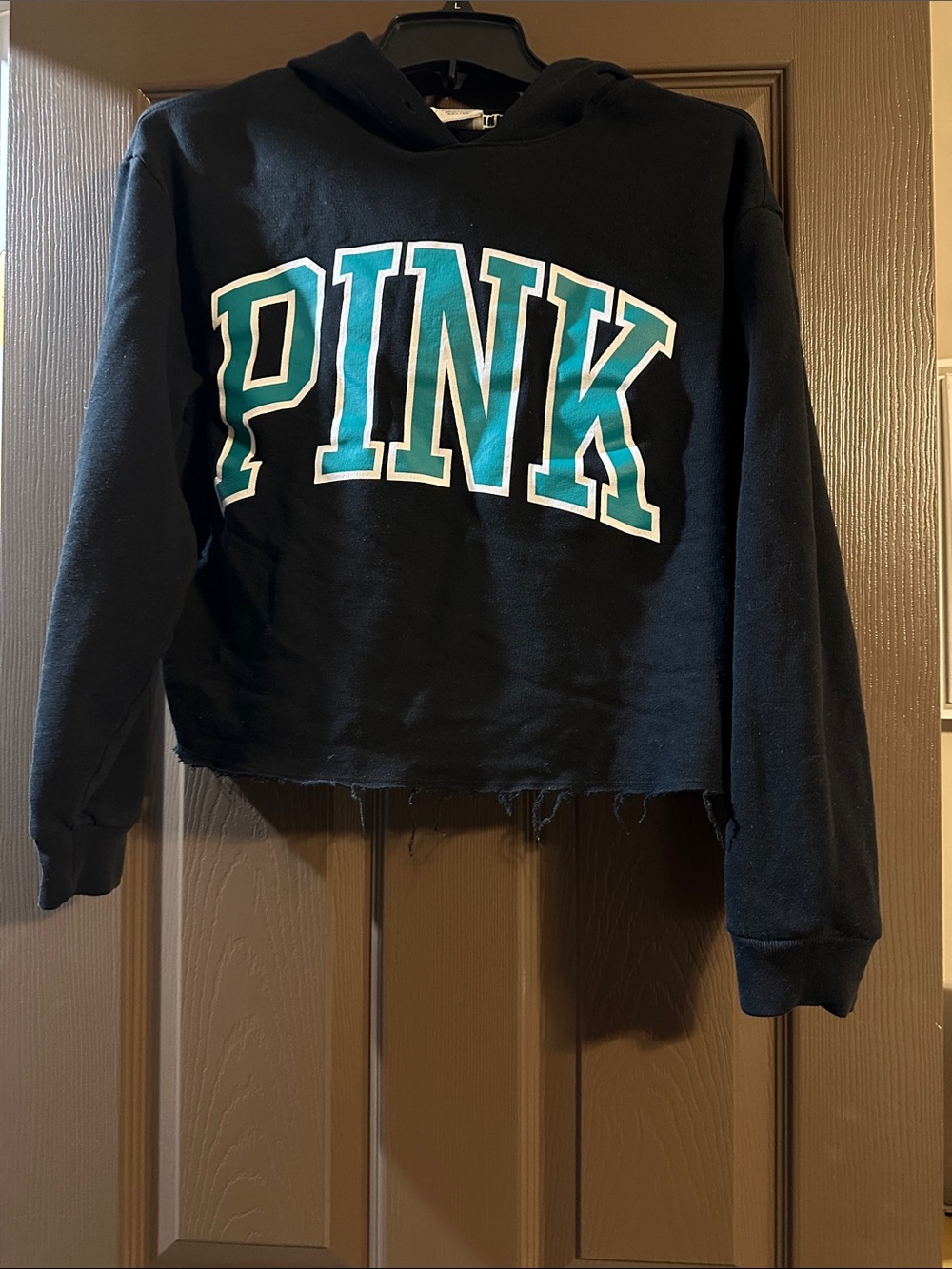 PINK Victoria's Secret Black Cropped Hoodie with Teal Logo